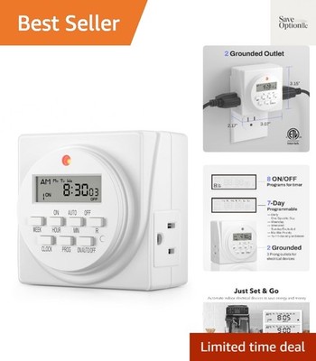 Indoor Digital Timer Outlet, Dual Outlet 7 Day Programmable Light Switch, 3 P...