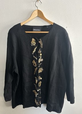 VTG Michael Simon Sweater Women's 2x Black Cardigan Button Up Jazz Instruments
