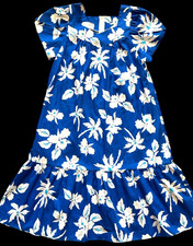 Royal Creations Hawaiian Dress Size S Blue Palm Trees Floral Muumuu Midi Vtg