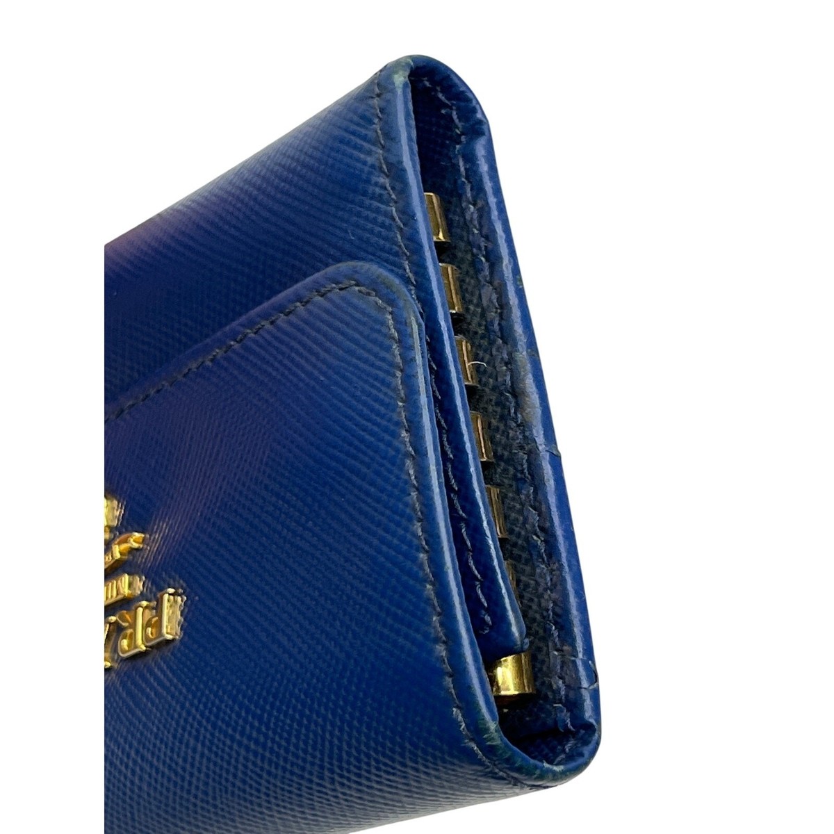 Prada Saffiano Leather 6 Key Holder Navy Blue Gold Logo Key Case