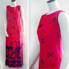Vintage 60s Sears Hawaiian Fashions Maxi Dress Magenta Floral M Luau Tiki Aloha