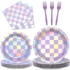 96Pcs Iridescent Party Supplies Purple Checkered Plates Napkins Holographic P...