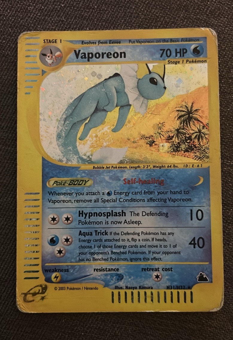 Pokemon Card-Vaporeon-H31/H32-Holo-NoCrystal-Skyridge-ENG-Very Played