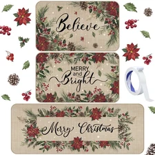 3 Pcs Christmas Poinsettia Kitchen Mat and Rug Non Slip Doormat Washable Wate...