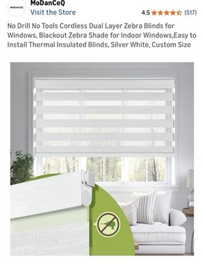 No Tools No Drill Cordless Zebra Blinds for Windows, Dual Layer Light Control
