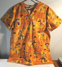 Disney Halloween Scrub Top Mickey Mouse Pumpkin Spiderweb Print Women's M