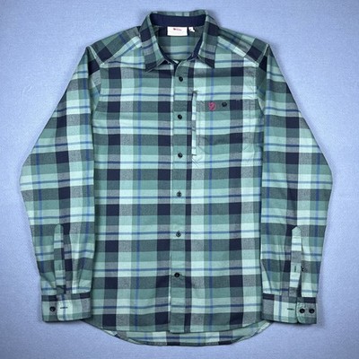 Fjallraven Fjallglim Mens M Green Plaid Flannel Long Sleeve Shirt 81380 Utility