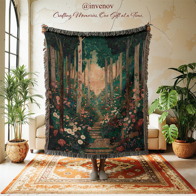 Enchanted Forest Woven Blanket, Garden Path Tapestry, Cottagecore Nature Decor