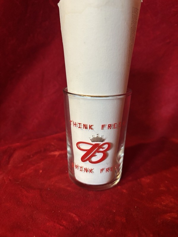 Budweiser vintage Sample Beer Glass “THINK FRESH”