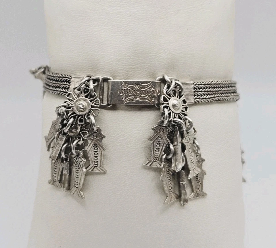 Pulsera de plata esterlina antigua victoriana Albertina flor pez dije cadena Foto 4 de 4