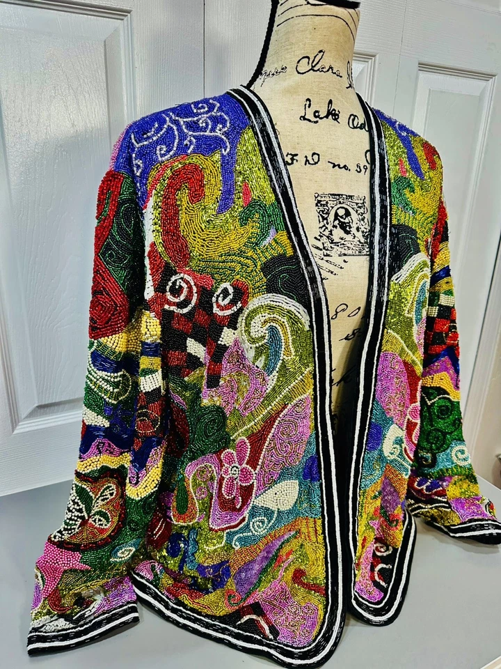 Chaqueta de manga larga DIANE FREIS ORIGINAL negra de seda con cuentas a mano lentejuelas talla M/L Foto 3 de 4