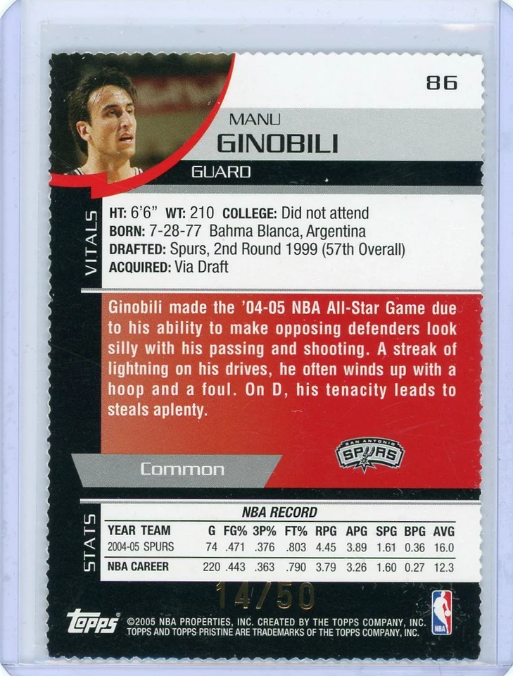 2005-06 Topps Pristine Basketball Die-Cut #86 Manu Ginobili #14/50 - Image 2 of 2