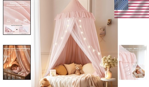 Enchanting Double Layer Bed Canopy with Star Lights - Soft Pink Princess Tent - Picture 2 of 8