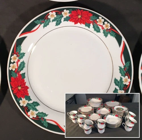 Large Set Tienshan China "Deck The Halls" Christmas Dishes 75 pcs Service for 12