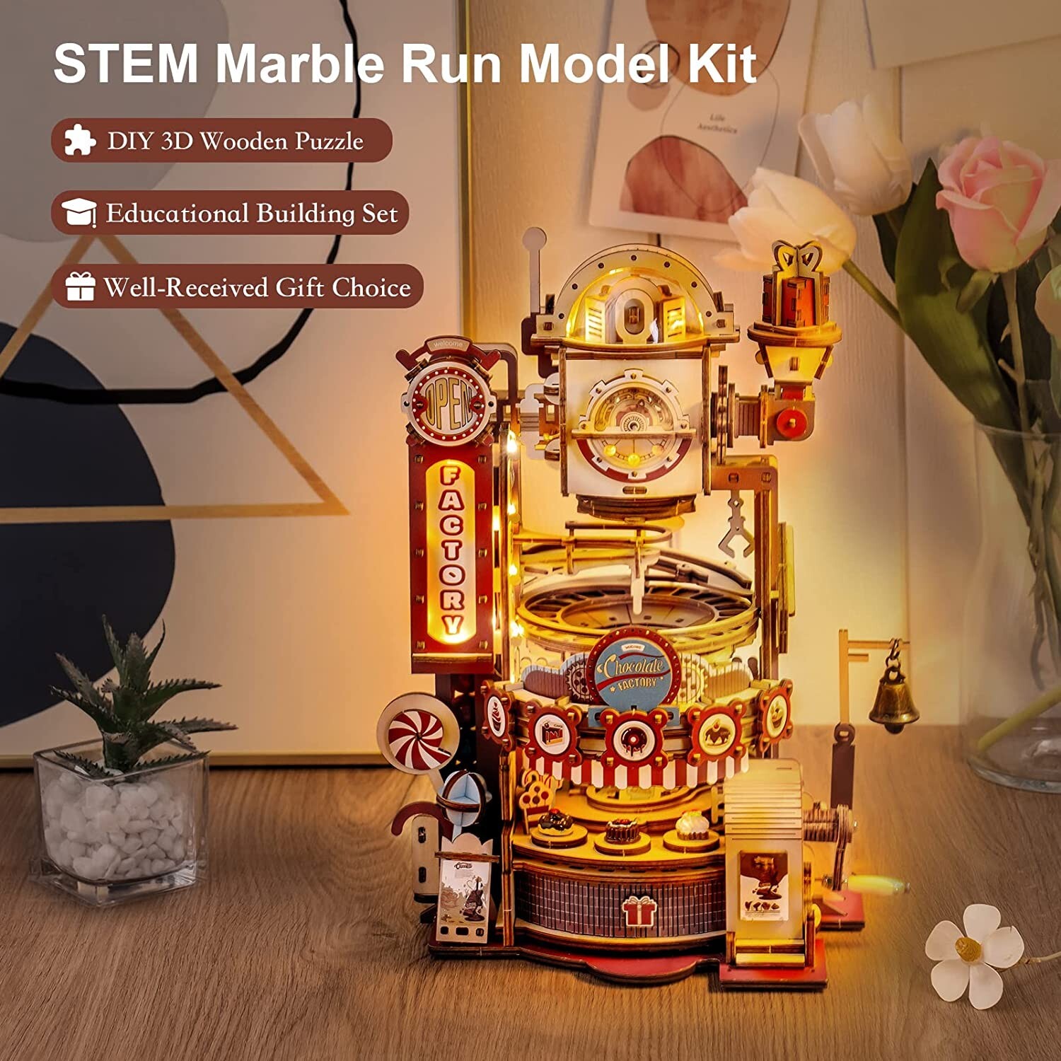 ROKR NEW Marble Run 3D Wooden Puzzles Chocolate Factory Model Building