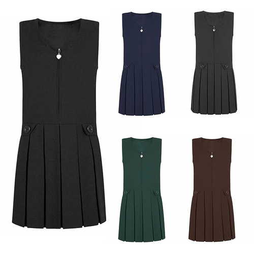 Girls Premium Quality Box Pleat Zip Front Pinafore School Uniform Dress UK Made