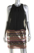 Aqua ~ Black Chiffon Blouson Keyhole Back Gold Sequins Party Dress 0 NEW $188