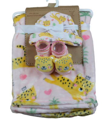 Baby Elements Blanket Booties Hat Gift Set Pink Cheetah Fleece Infant Girls NWT
