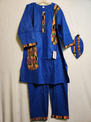 Men African Long Dashiki Pant Suit With Kente Print Cloth Patches Blue Free Size