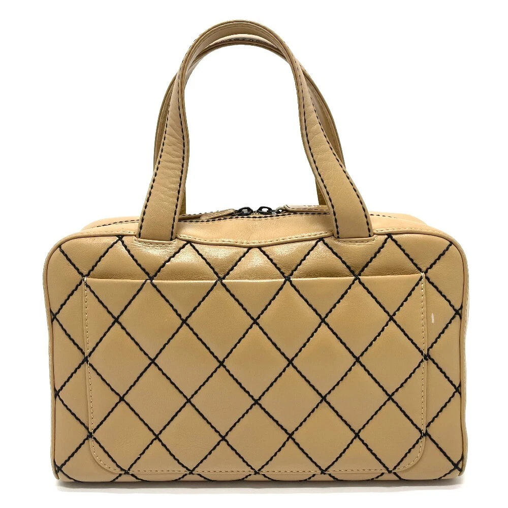 CHANEL CC Wild stitch Vintage Tote Bag Hand Bag Lambskin Leather Beige