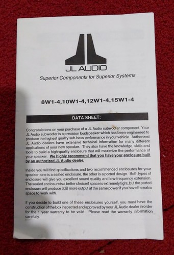 JL Audio subwoofer W1 Data Sheet Early 1990s late 80s