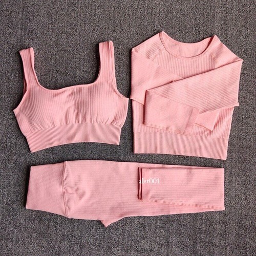 Women's Sportswear Yoga Set Sports Legging Bra Crop Top Long Sleeve Yoga Suit - Picture 10 of 51