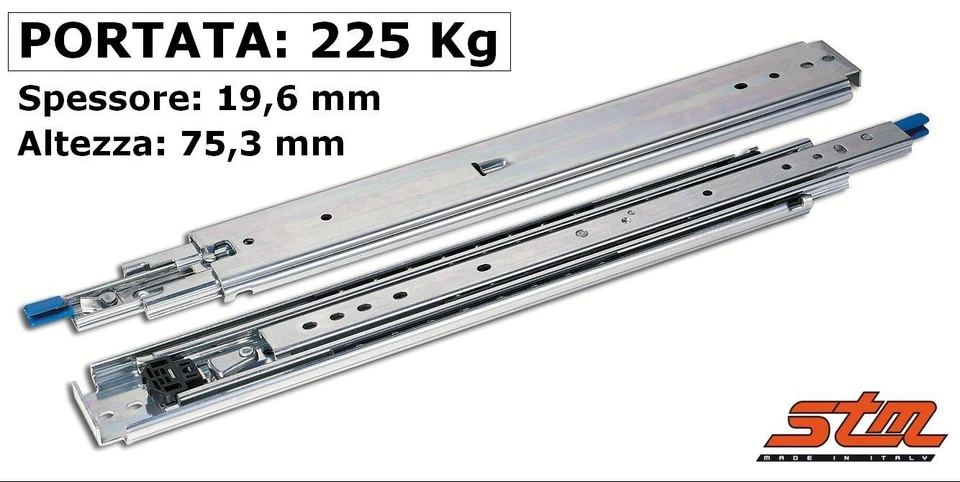 STM COPPIA GUIDE SCORREVOLI a SFERE Portata 225 kg CON BLOCCO Estraz Totale