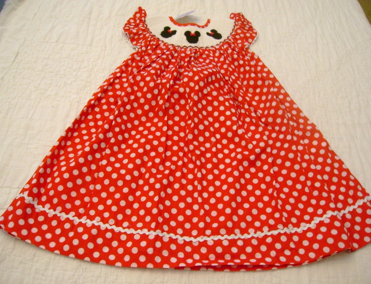New Minnie Mouse Smocked Bishop Dress Size 2T Disney RED White