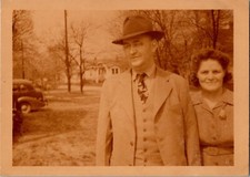 Vtg Color Photo 1943 WW2 Handsome Man Suit Fedora Woman Smiling Couple Family