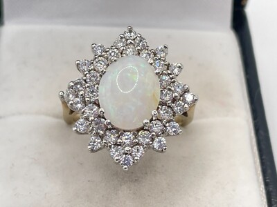 9ct Gold Hallmarked Opal & Cubic Zirconia Cluster Ring. Goldmine Jewellers.