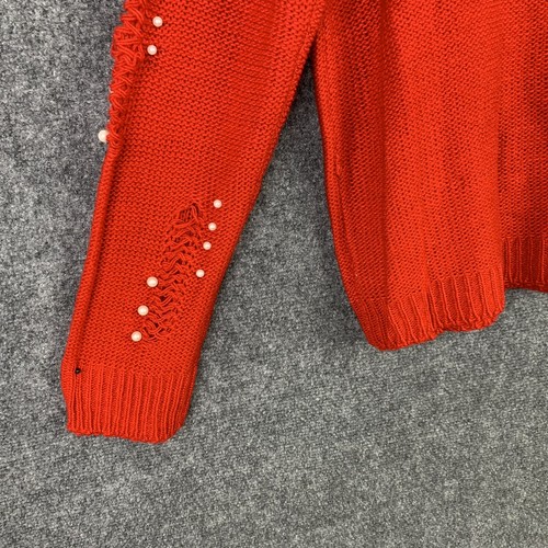 Breakout Knitwear Sweater NWT Women M Red Factory Destroyed Pearl Embellished - Picture 11 of 12