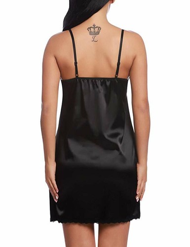 Sexy Women's Satin Lace Chemise Nightgown Lingerie Negligee Sling Nightshirt US - Picture 9 of 27
