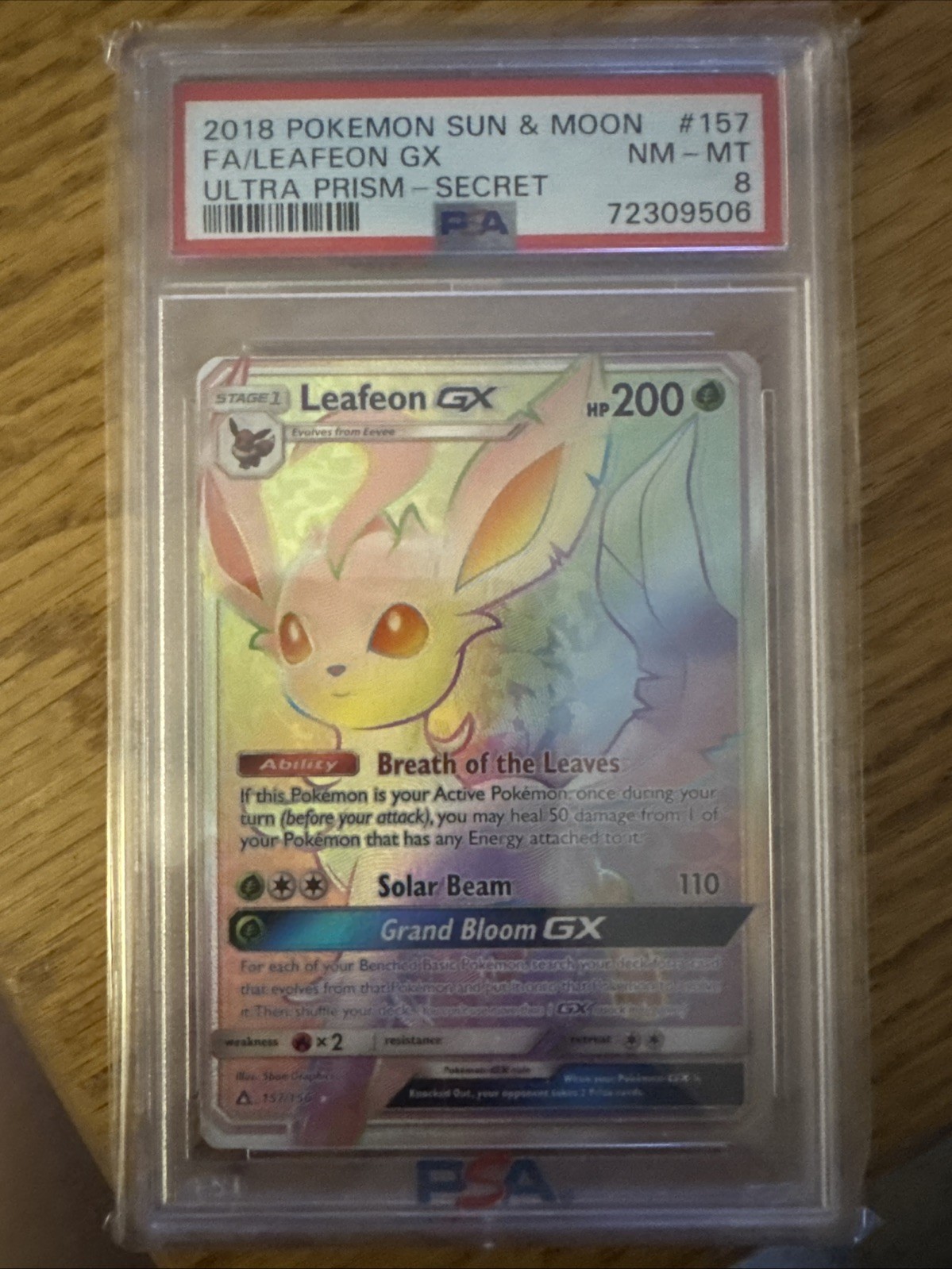 2018 POKEMON SUN & MOON ULTRA PRISM SECRET #157 FULL ART/LEAFEON GX PSA 8