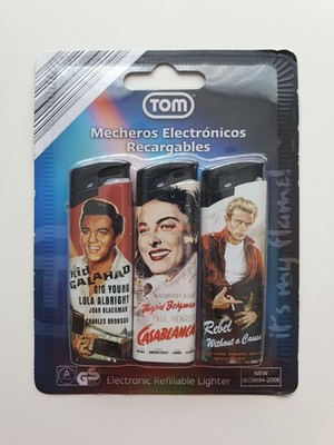 3 Tom Feuerzeuge mit Elvis Presley Ingrid Bergman James Dean Aufdruck Neu OVP