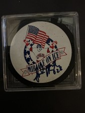 JOHN HARRINGTON 1980 OLYMPIC HOCKEY MIRACLE ON ICE AUTOGRAPHED PUCK “GRANDSTAND”
