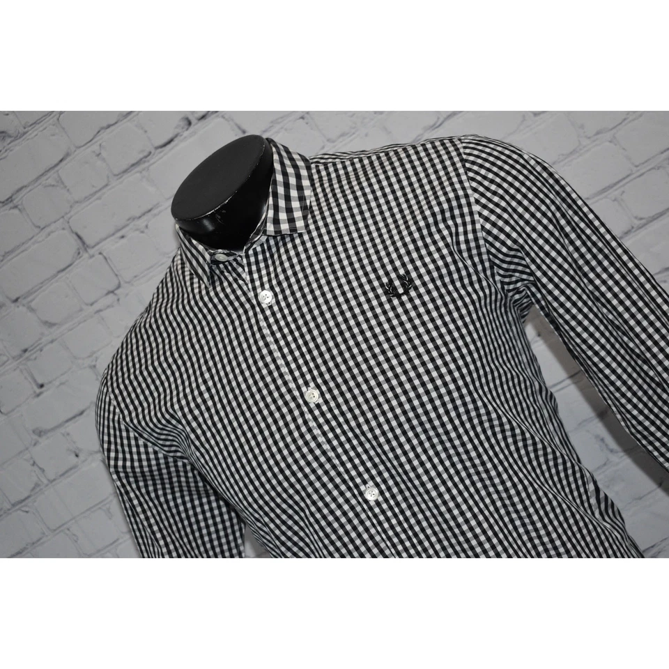 Camisa de vestir Fred Perry para hombre talla mediana negra blanca a cuadros con botones Foto 4 de 4