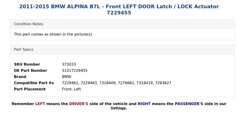 BMW ALPINA B7L 2011-2015 - Pestillo de puerta delantera izquierda / Actuador de bloqueo 7229455 Foto 4 de 4