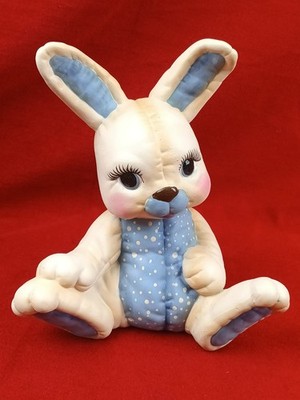 Ceramic Rabbit Bunny White & Blue Painted Stitched Quilted Tufted 7'' Animal 