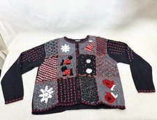 Vintage Christmas Sweater Design Originals Studio Womens L Black Embroidery