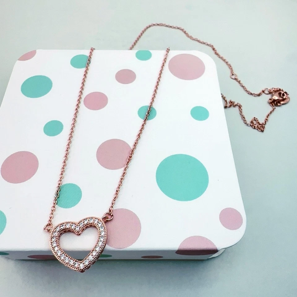 Elegante Collar Colgante Corazón Pavé Chapado en Oro Rosa 45+5cm Nuevo Sin Caja Foto 4 de 4