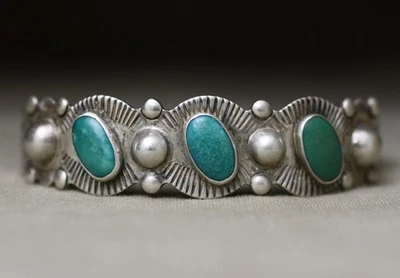 Vintage Native American Navajo Turquoise Sterling Silver Cuff Bracelet Size 6.75 - Image 1 of 4