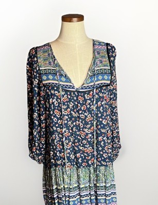 Umgee Women's Boho Blue Print Tiered 3/4 Sleeve Short Midi Dress Size M