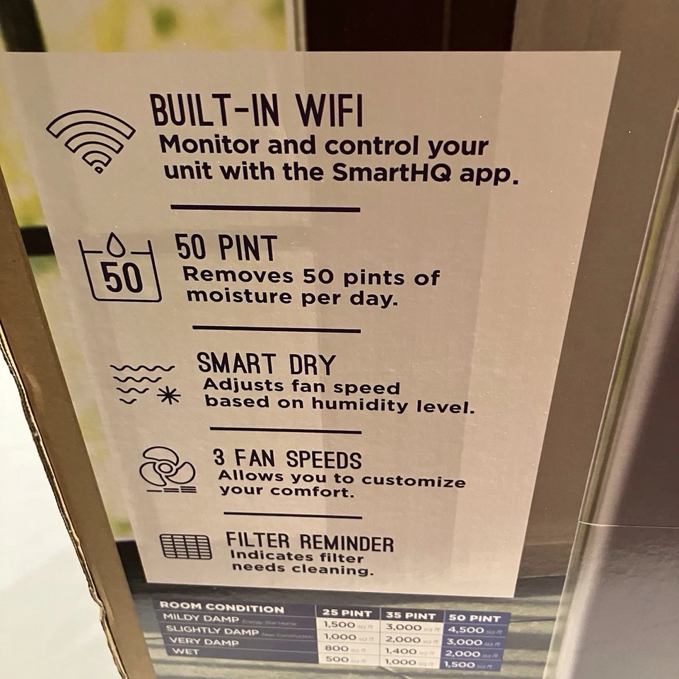 Осушитель GE 50 пинт емкостью со встроенным Wi-Fi умным сухим 3-скоростным вентилятором - Изображение 4 из 4