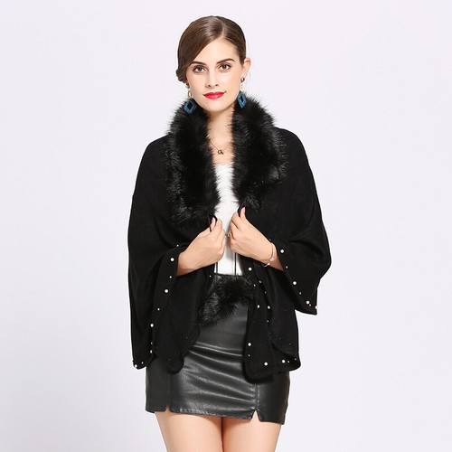 Women Warm Cardigan Cloak Outerwear Shawl Faux Fur Collar Poncho Wrap Shawl Cape - Picture 12 of 26