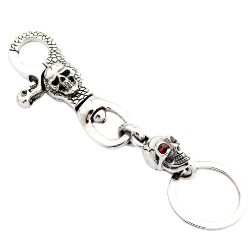 Garnet Eye 925 Sterling Silver Skull Biker Key Chain Gothic Accessories Mens New - Picture 3 of 6