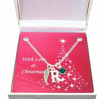 Engelsflügel Halskette mit Brief & Geburtsstein in einer Weihnachtsgeschenkbox.