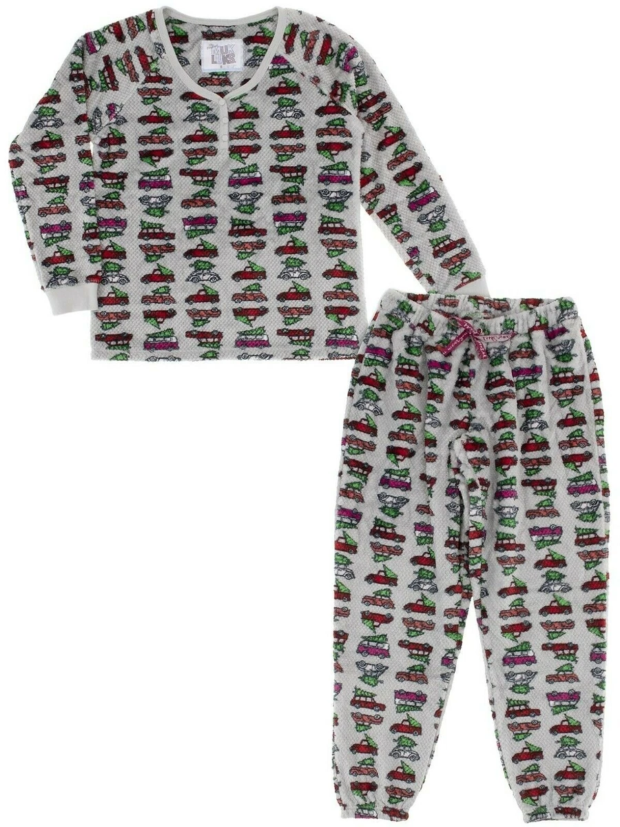 NWT Muk Luks Womens Sz XS S M L Christmas Tree with Cars Gray Fleece Pajama Set