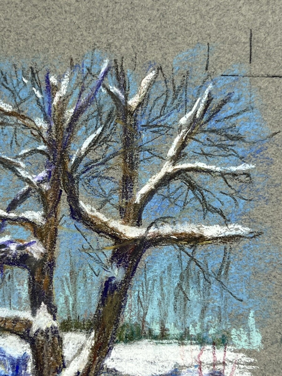 Pastel Drawing Snow Covered Bare Tree Winter Scene Kenneth E