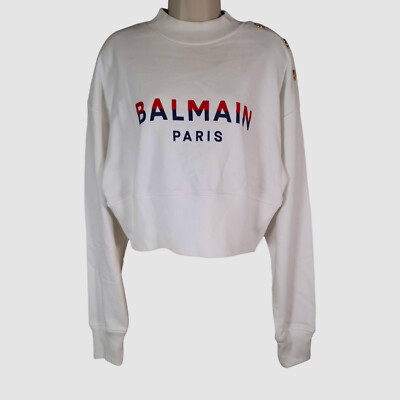 Balmain Women White 3-Button Flocked Logo-Print Crop Sweatshirt