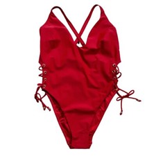 City Chic Womens Swimsuit size 18 new nwt Lace Up One Piece Red Cherry High Leg